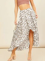 Women Elastic Waist Leopard Print High Low Midi Skirt