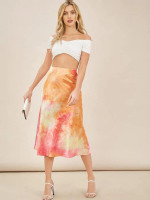 Women Elastic Waist Tie Dye Satin Flounce Hem Midi Skirt