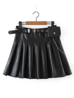 Women Solid PU Leather Belted Skirt