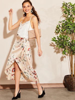 Satin Floral Wrap Midi Skirt