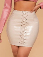 Women Crisscross Front PU Leather Bodycon Skirt