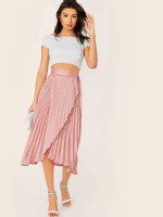 D-Ring Belted Wrap Pleated Satin Skirt