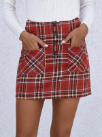 Women Buttoned Front Pocket Patched Tartan Skirt
