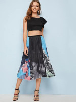 Figure Print Colorblock Pleated Skirt