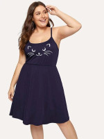 Women Plus Size Cartoon Cat Face Print Cami Dress