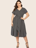 Women Plus Size Tie Front Stripe Dress