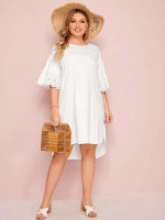 Women Plus Size High Low Eyelet Embroidery Sleeve Dress Without Belt