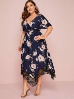 Women Plus Size Flutter Sleeve Lace Hem Floral Print Dress
