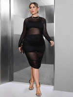 Women Plus Size See Through Mesh Bodycon Dress
