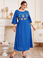 Women Plus Size Embroidered Flower Guipure Lace Insert Pompom Cuff Dress