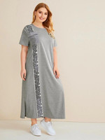 Women Plus Size Flap Pocket Front Greek Fret Print Split Dress