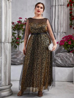 Women Plus Size Gold Floral Print Contrast Mesh Overlay Prom Dress