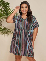 Women Plus Size Tribal & Striped Double Pocket Dress