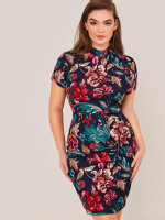 Women Plus Size Mock-neck Floral Dress