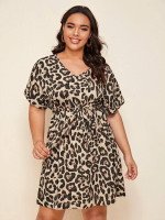 Women Plus Size Self Belted Cuffed Leopard Dress