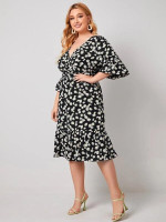 Women Plus Size Ruffle Hem Daisy Floral Print Dress