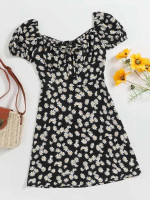 Women Plus Size Tie Front Daisy Floral Milkmaid Dress