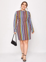 Women Plus Size Stand Collar Striped Dress