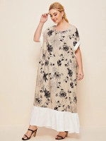 Women Plus Size Floral Print Dolman Sleeve Contrast Cuff and Hem Dress