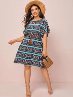 Women Plus Size Floral & Tribal Print Batwing Sleeve Belted Dress