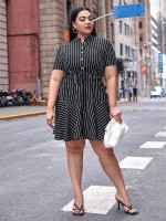 Women Plus Size Button Front Flounce Hem Striped Dress