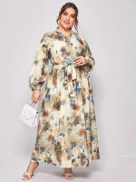Women Plus Size Allover Floral Tie Neck Belted Dress