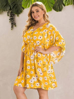 Women Plus Size Button Front Drawstring Waist Floral Dress