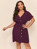 Women Plus Size Button Front Batwing Sleeve Belted Dress