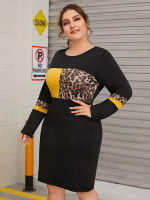 Women Plus Size Contrast Panel Leopard Tee Dress