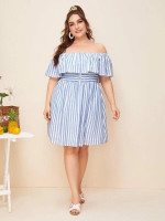 Women Plus Size Off Shoulder Foldover Buttoned Shirred Waistband Striped Dress