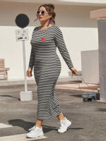 Women Plus Size Heart Print Striped Dress