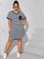 Women Plus Size Stripe Print Pocket Detail Tee Dress