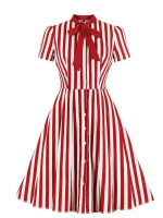 Women Plus Size Tie Neck Striped Fit And Flare Dress