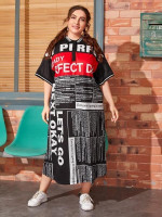 Women Plus Size Striped Cuff & Neck Newspaper Print Dress