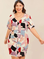 Women Plus Size Rolled Batwing Sleeve Geo Dress