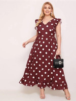 Women Plus Size Polka Dot V-Neck Ruffled Maxi Dress