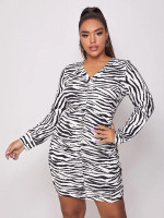 Women Plus Size Zebra Stripe Ruched Fitted Dress