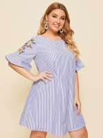 Women Plus Size Embroidered Floral Flounce Sleeve Striped Tunic Dress