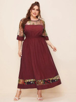 Women Plus Size Contrast Embroidery Mesh A-line Dress