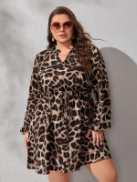 Women Plus Size Leopard Frill Trim Lantern Sleeve Drawstring Waist Dress