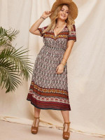 Women Plus Size Surplice Neck Tribal Print Dress Without Belted