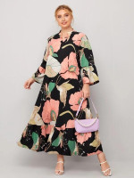 Women Plus Size Notched Floral Print Ruffle Hem Smock Dress