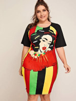 Women Plus Size Figure Graphic Colorblock Bodycon Dress