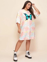 Women Plus Size Drop Shoulder Butterfly Print Tie Dye Tee Dress