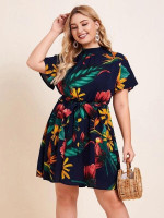 Women Plus Size Tie Backless Floral & Bird Print Belted Dress