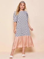 Women Plus Size Puff Sleeve Contrast Hem Polka Dot Dress