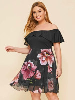 Women Plus Size Flounce Off Shoulder Floral Print Mesh Dress