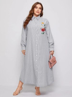 Women Plus Size Floral Embroidery Striped Shirt Dress