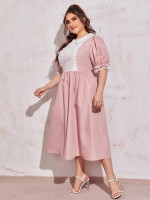 Women Plus Size Peter Pan Collar Lace Trim Buttoned Front Two Tone Dress