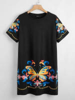 Women Plus Size Butterfly and Tribal Print Tee Dress